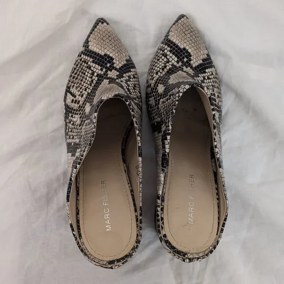Marc Fisher Beige and Black Snake-Print Mules - Picture 7 of 9